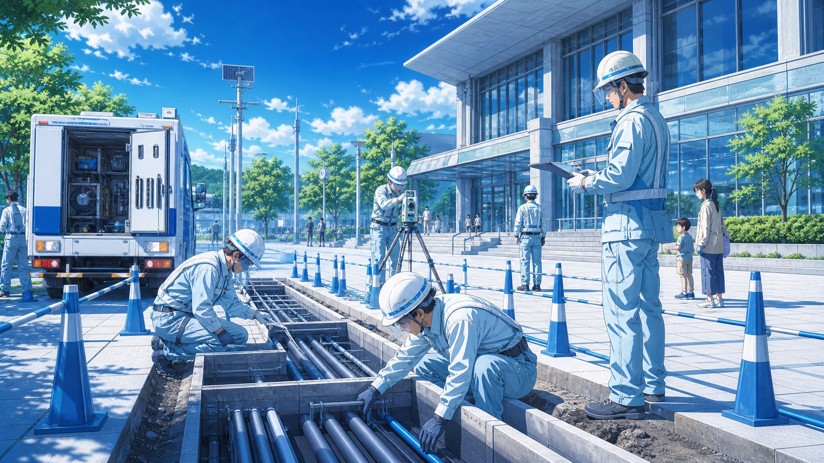 公共施設の電気通信設備を施工する技術者のアニメーションイメージ