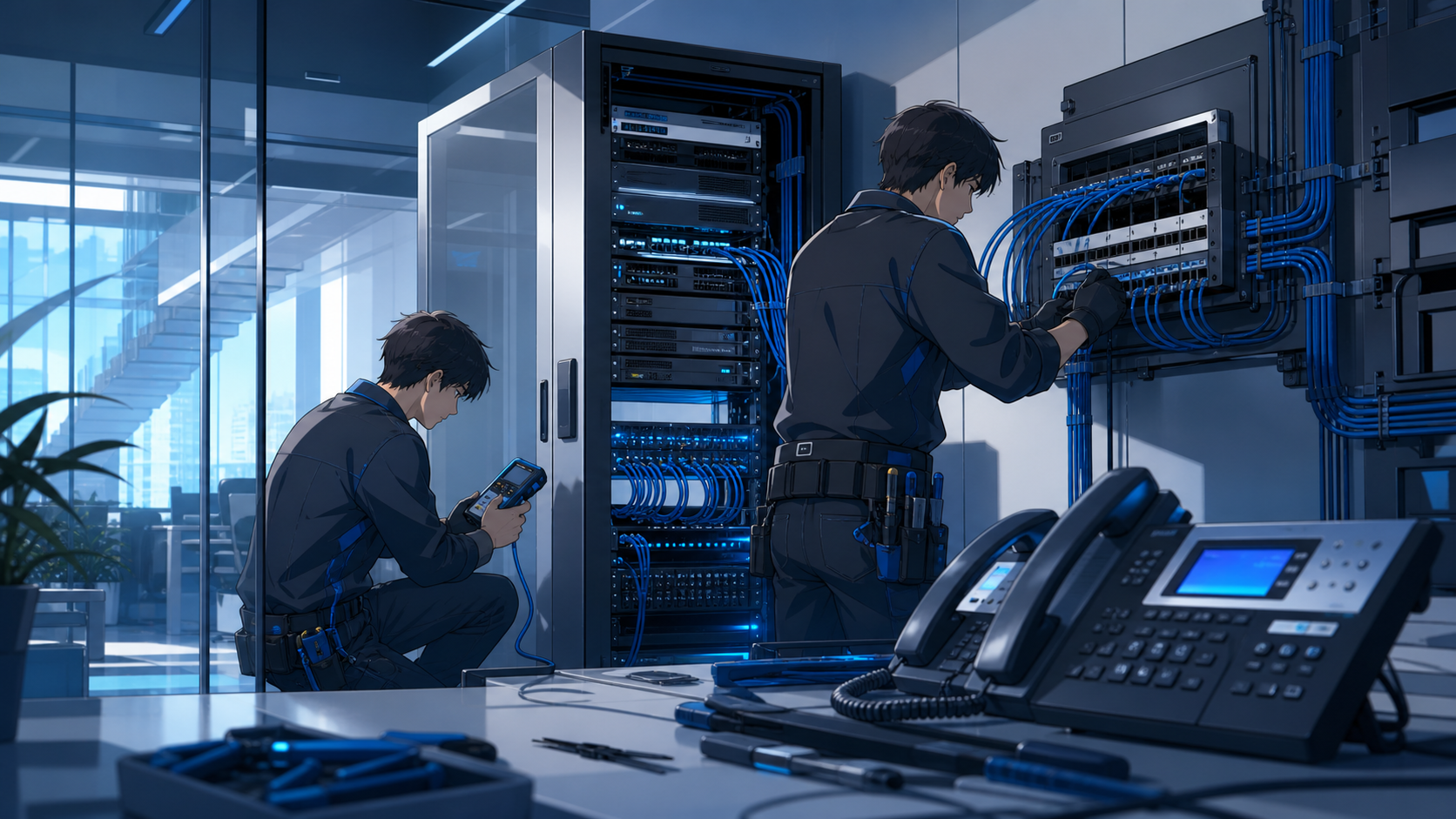 構内通信設備を点検・更新する技術者のアニメーションイメージ