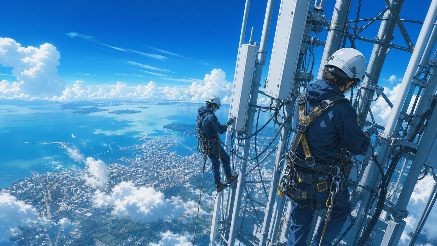 鉄塔上部でアンテナ設備を施工する技術者のアニメーションイメージ