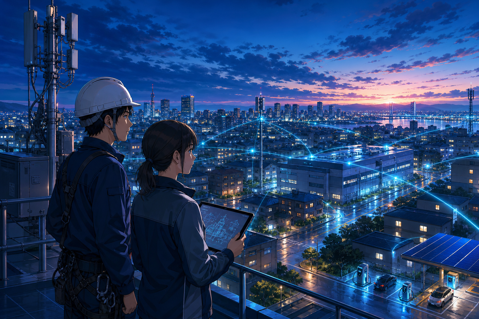 現場技術者とCADオペレーターがネットワークでつながる都市の未来を見渡すAI制作アニメイメージ