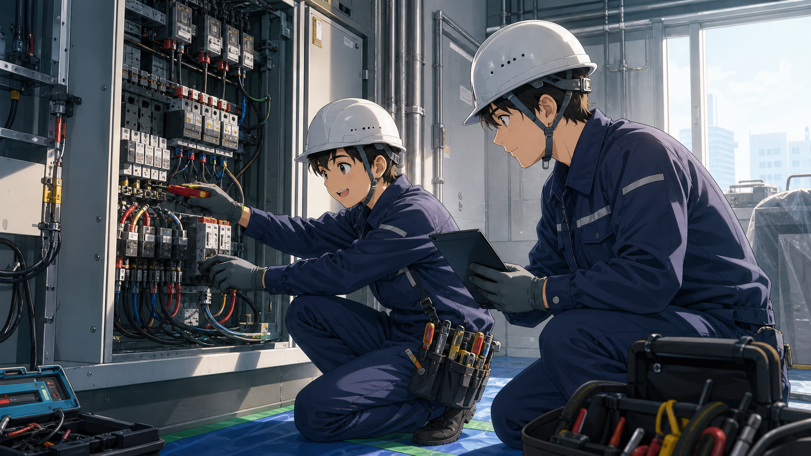 電気設備盤の施工を学ぶ若い技術者のAI制作アニメイメージ