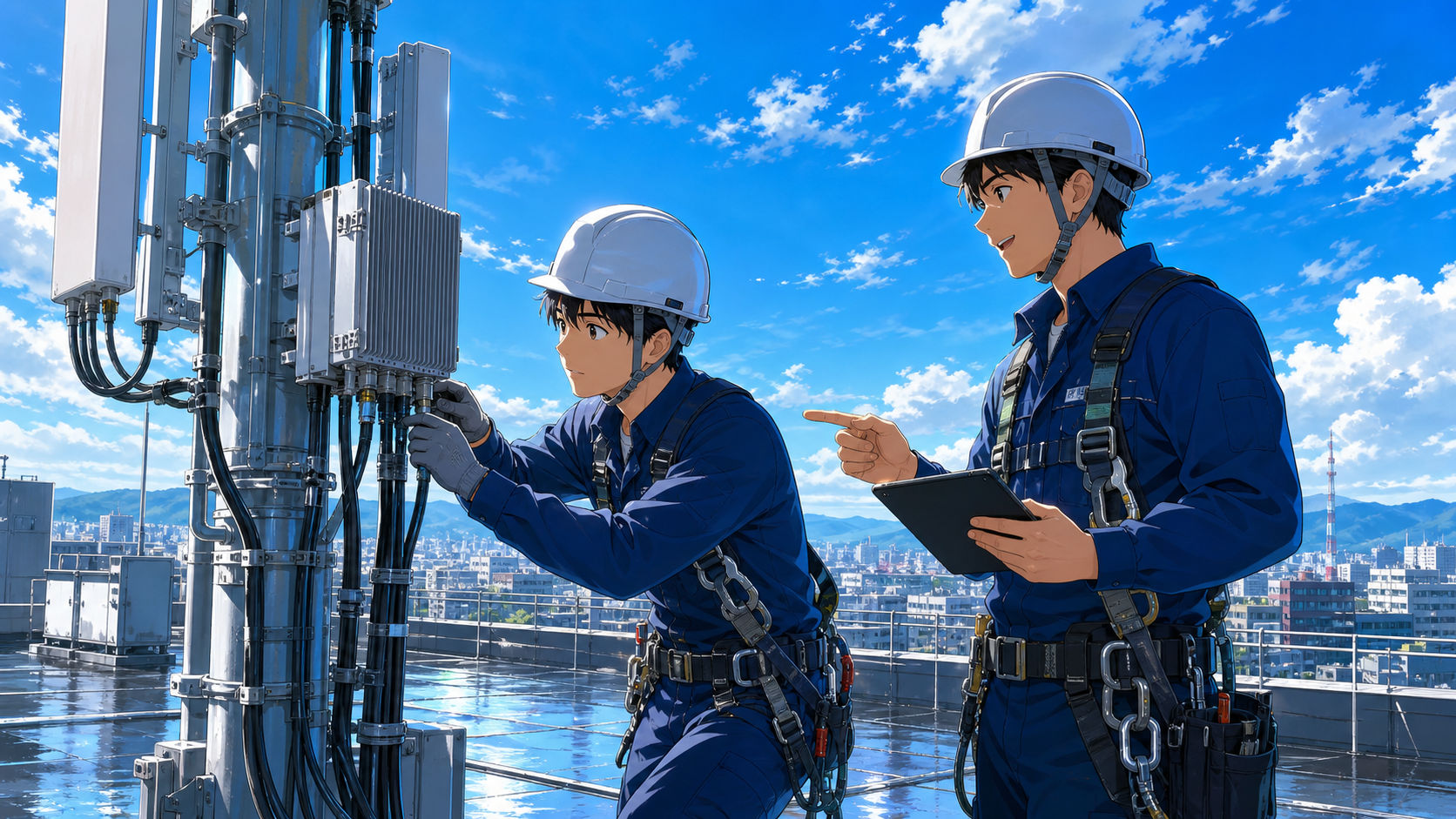 先輩から基地局設備の施工を学ぶ若い技術者のAI制作アニメイメージ